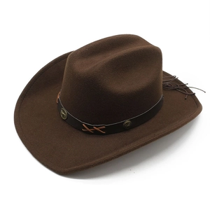 Close-up of brown wool cowboy hat with leather band and vintage metal studs detail