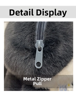 Macro detail of high-density gray plush fabric and smooth hardware zipper pull of the bag
