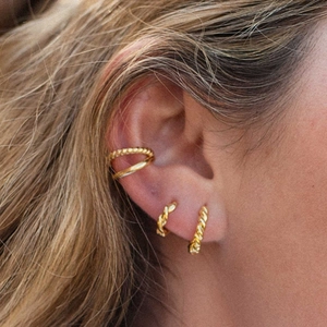 Minimalist 18k gold plated C-shaped ear cuff and twisted hoop earrings set for women