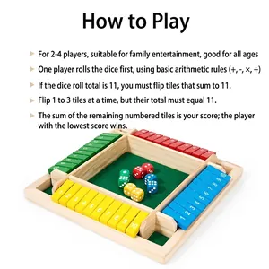 Classic 4-player wooden Shut the Box dice game with green felt and colorful numbered tiles