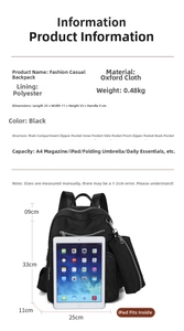 Sac à dos décontracté pour femme en nylon, multi-poches, léger, sac d'école noir élégant.
