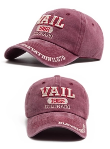 Detail of embroidered VAIL 1962 logo and washed cotton texture on plum baseball cap