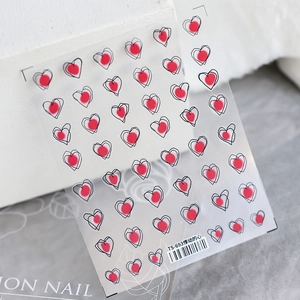 Self-adhesive 5D embossed nail art stickers with red hearts and black hand-drawn lines