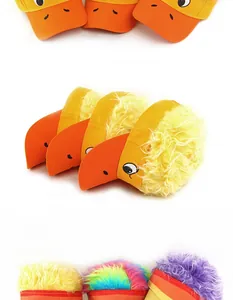 Detailed view of colorful duck-themed cartoon sun visors with plush hair for kids