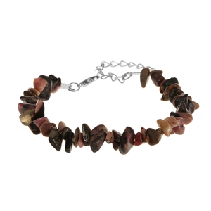 Macro detail of natural multi-color stone chip bracelet with adjustable lobster clasp chain