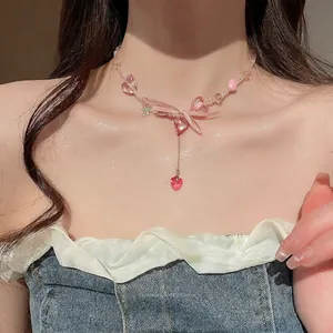 Sweet Pink Resin Beaded Necklace With Ribbon Bowknot And Heart Pendant For Women Girls Y2K Aesthetic Jewelry