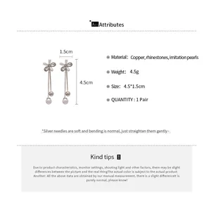 Size chart showing dimensions for pearl and rhinestone floral tassel drop earrings