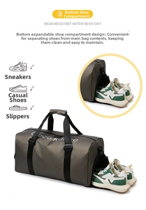 Macro detail of waterproof travel bag featuring a separate bottom shoe compartment