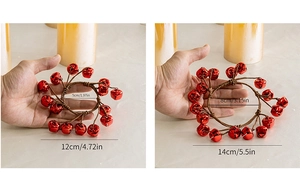 Detailed comparison of red metal bell wreaths in two sizes with brown rattan base