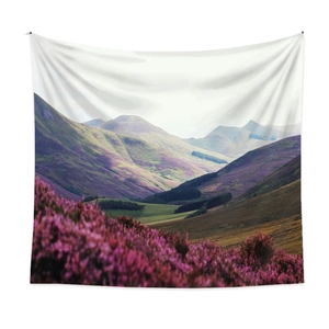 Bohemian wall tapestry with purple heather fields and mountain landscape scenery