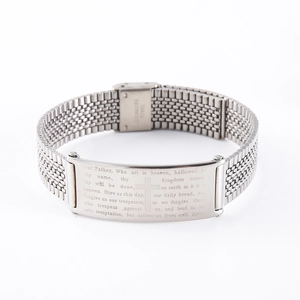 Silver stainless steel mesh bracelet with Lord's Prayer engraving and cross pattern