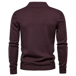 Back view of men's minimalist burgundy knit sweater with a thick turtleneck design