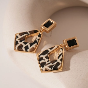 Geometric Rhombus Dangle Earrings Alloy Resin With 925 Sterling Silver Earring Post Vintage Abstract Pattern For Women