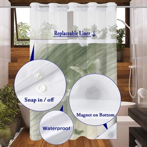 Detail of waterproof butterfly shower curtain with snap-in liner and magnetic bottom weights