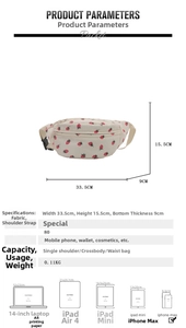 Detailed size chart for strawberry crossbody bag showing dimensions and capacity limits