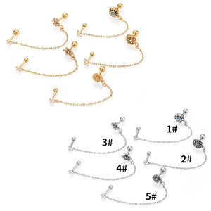 316L stainless steel double piercing chain earrings with zircon bohemian charms