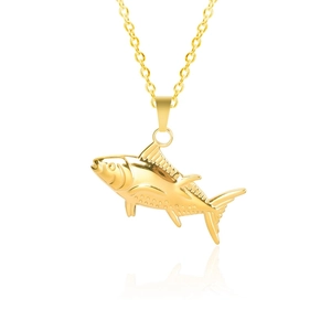 Polished 18k gold plated stainless steel fish pendant necklace on a white background