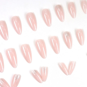 Pale pink almond press-on nails set with silver glitter gradient and high-gloss finish