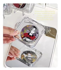 Detailed close-up of a high-transparency acrylic badge display box with dual-side visibility