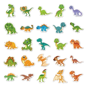 Set of 25 waterproof cartoon dinosaur stickers for laptops and water bottles in grid layout