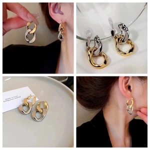 Minimalist bicolor mixed metal chain earrings in gold and silver finish