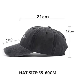Washed black baseball cap with alien embroidery and size chart for outdoor sun protection