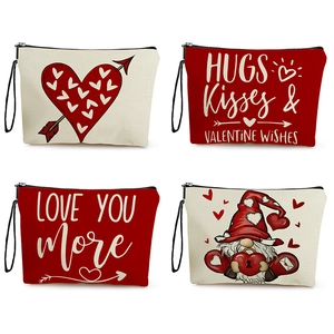 Valentine Gnome Heart Print Cosmetic Bag Imitation Linen Polyester Zipper Storage Pouch Portable Travel Makeup Handbag