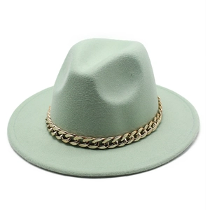 British Style Woolen Fedora Hat For Women Men Large Brim Felt Jazz Hat With Gold Metal Chain Fashion Accessory