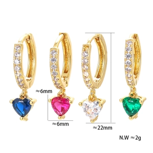 Detail view of colorful heart zircon earrings with dimensions 6x22mm and 2g weight
