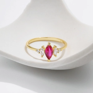 Elegant S925 sterling silver ring with marquise red stone and gold plating finish