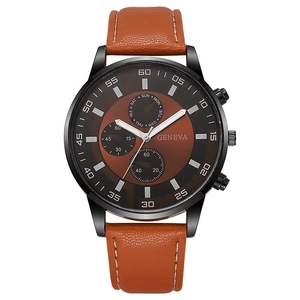 Detail of men's quartz watch with brown leather strap and black alloy sunburst dial
