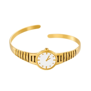 Minimalist gold stainless steel open cuff bracelet watch with clean white round dial