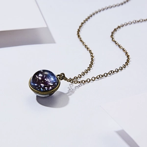 Luminous galaxy nebula double-sided glass pendant necklace with bronze metal chain