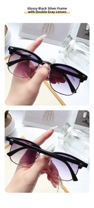 Detail of semi-rimless sunglasses with glossy black frame and grey gradient lenses