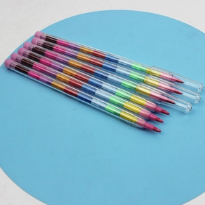 Detail view of 6 stackable building block crayons with colorful multi-section segments