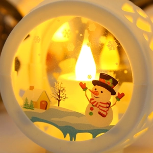 Close-up of LED Christmas lantern featuring a warm glowing snowman and winter scene