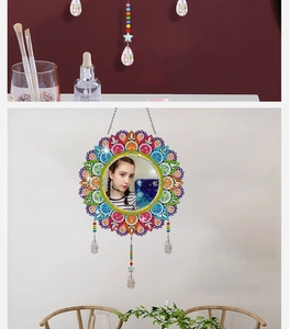 Detailed view of DIY mandala diamond painting mirror with colorful beads and crystal pendants
