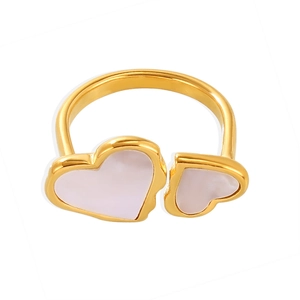 Minimalist double heart open ring in 18k gold plated stainless steel with white shell inlay