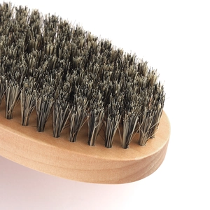 Men's 6-piece beard grooming kit with wooden boar bristle brush and metal comb in a pouch