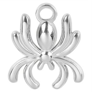 Detailed view of silver stainless steel spider pendant with smooth polished finish