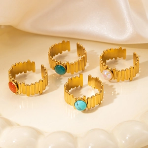 Retro 18K gold plated titanium steel rings with colorful natural stones and pearls