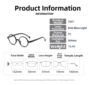 Detailed size chart for retro round anti-blue light glasses showing all frame dimensions