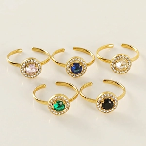 Adjustable Open Ring For Women 18K Gold Plated Stainless Steel Round Colorful Zircon Halo Pave Trendy Jewelry