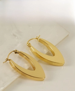 Close-up of polished 18K gold-plated stainless steel U-shape geometric drop earrings