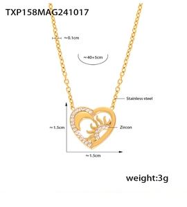 Paramètres de taille détaillés pour le collier cœur en acier inoxydable doré avec soleil et lune