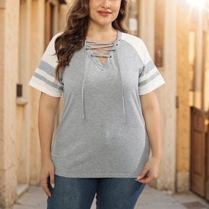 Women's plus size grey V-neck T-shirt with lace-up neckline and contrast raglan sleeves