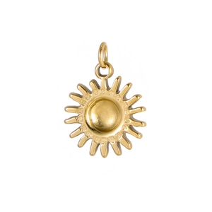 Detailed close-up of a sun-shaped stainless steel pendant with a golden polished finish