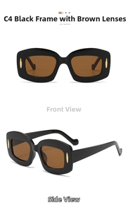 Front and side view of retro rectangular thick frame sunglasses with tea lenses