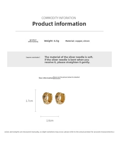 Detail view of woven texture gold plated copper earrings with green and white zircon stones