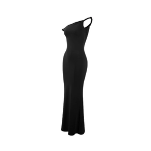 Detail of the twisted one-shoulder neckline on a sleek black bodycon maxi dress